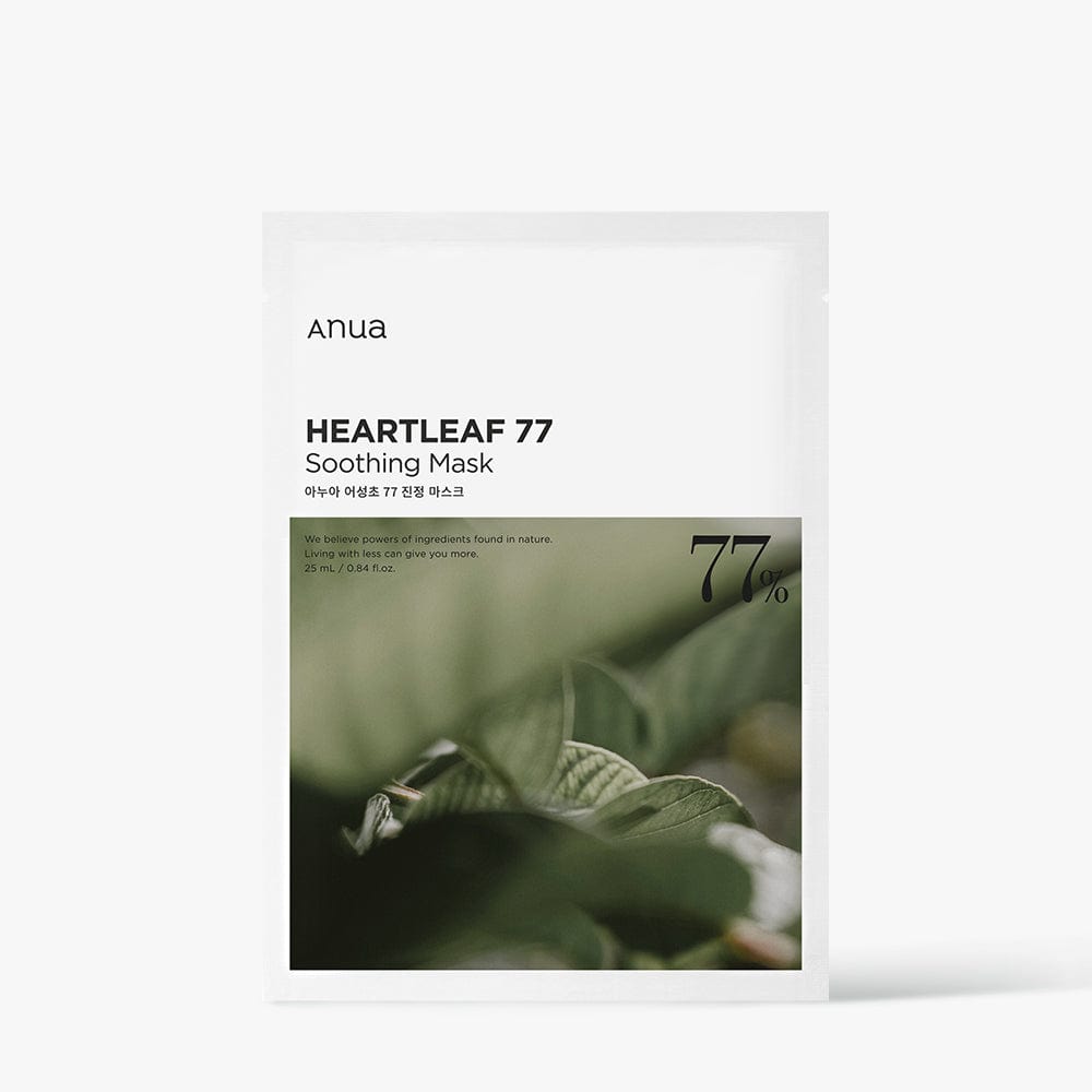Front of pack — Anua Heartleaf 77 soothing sheet mask for sensitive skin.